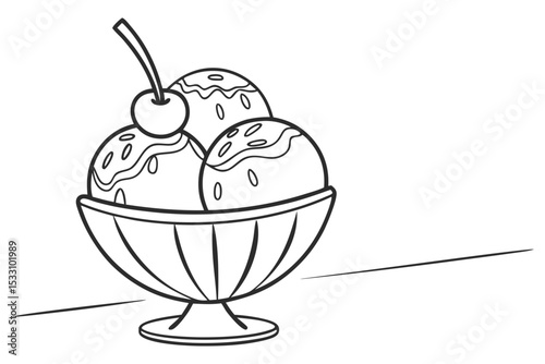 Ice Cream Bowl with Cherry Line Illustration