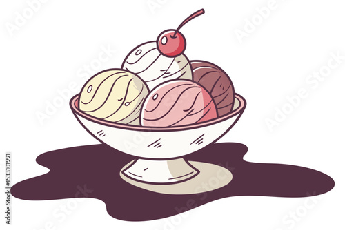 Scoops of Ice Cream in Bowl with Cherry on Top