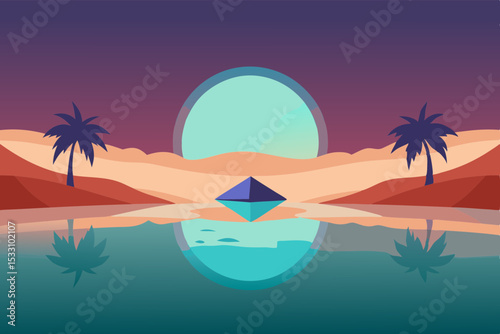 Desert Oasis with Shimmering Water Reflection
