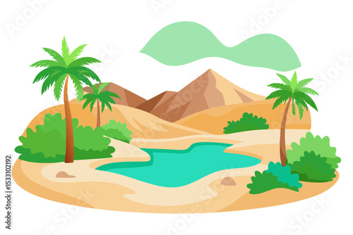 Palm Tree Oasis with Calm Pond and Dunes