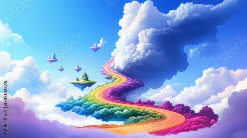 Rainbow road winding through colorful clouds and islands