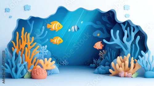 Underwater scene with cartoon fish and coral reef