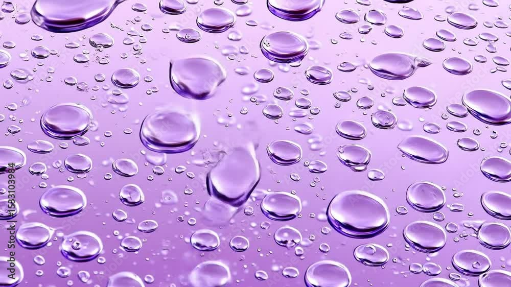 Purple water droplets on a smooth surface.  Circular water beads with iridescent sheen.  Close-up view