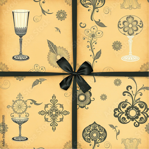 Vintage style wrapping paper with stylized black goblets and other classic motifs, on a yellow ocher background with a black knot_1.eps