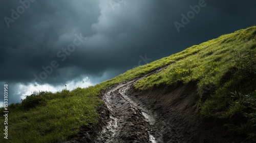Muddy road up green hill under dark clouds