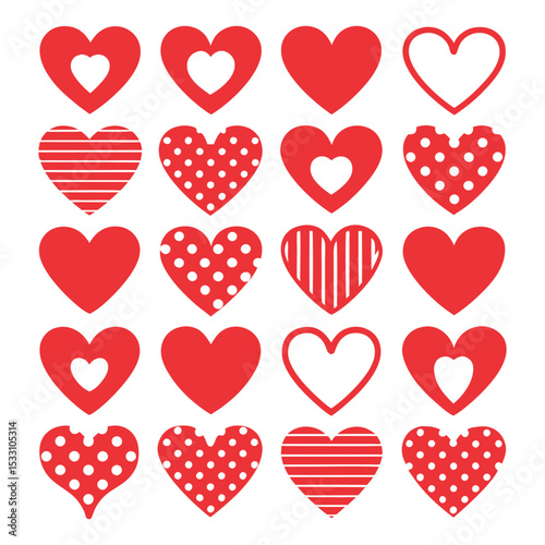 A collection of red heart shapes with varied patterns and designs for valentine's day