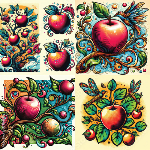 Colorful apple illustrations with intricate designs on vintage backgrounds  