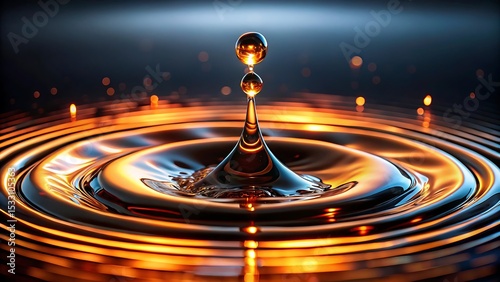 Golden liquid drop impact creating ripples with a dark background and bokeh