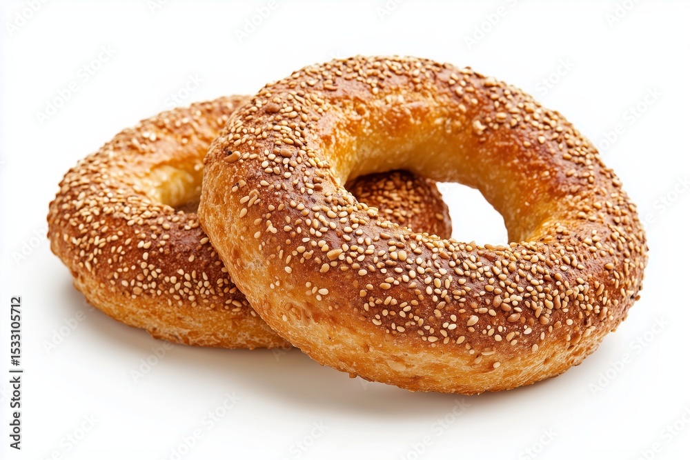Simit freshly baked with sesame crust resting against a clean white background perfect for culinary displays and food photography Simit freshly baked with sesame crust resting against a clean white background perfect for culinary displays and food photography