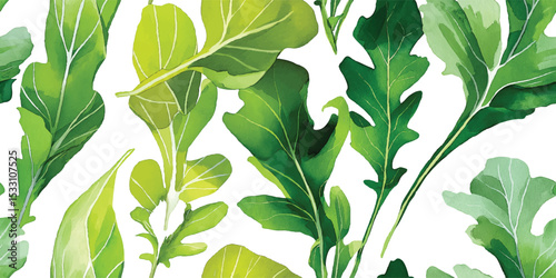 Fresh Arugula and Green Leafy Greens Seamless Pattern. Healthy Salad Vegetable Design for textile, packaging, fabric, wallpaper, branding, stationery, wrapping paper interior decor.