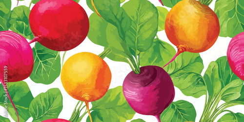 Assorted Beetroot Vegetables Seamless Pattern. Farm Fresh Harvest Botanical Design for textile, packaging, fabric, wallpaper, branding, stationery, wrapping paper interior decor.