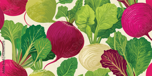 Assorted Beetroot Vegetables Seamless Pattern. Farm Fresh Harvest Botanical Design for textile, packaging, fabric, wallpaper, branding, stationery, wrapping paper interior decor.