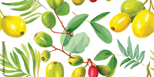 Sweet Dates and Green Leaves Seamless Pattern. Exotic Fruit Botanical Design for textile, packaging, fabric, wallpaper, branding, stationery, wrapping paper interior decor.