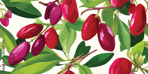 Sweet Dates and Green Leaves Seamless Pattern. Exotic Fruit Botanical Design for textile, packaging, fabric, wallpaper, branding, stationery, wrapping paper interior decor.