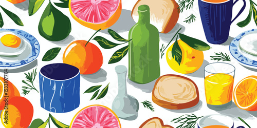 Vibrant Breakfast Food and Drink Seamless Pattern. Modern Morning Meal Design for textile, packaging, fabric, wallpaper, branding, stationery, wrapping paper interior decor.
