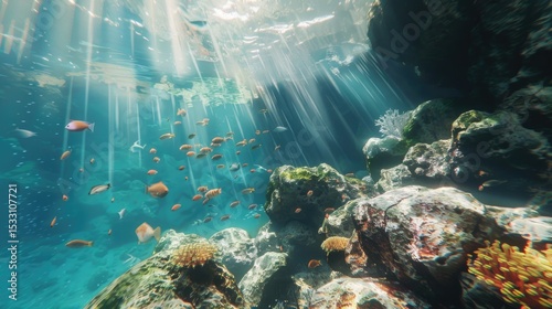 Underwater scene with vibrant coral reef, swimming fish, and sunlight rays, marine biodiversity concept