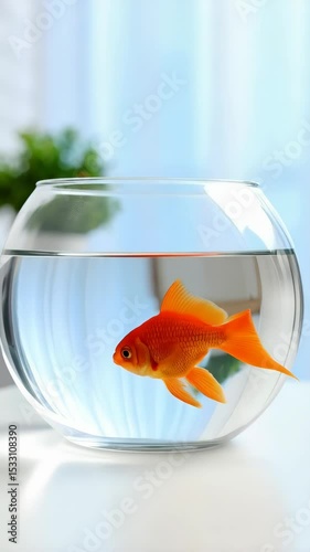 Solitary orange goldfish swimming in a clear glass bowl filled with water, sitting on a white table in front of a blurred background.