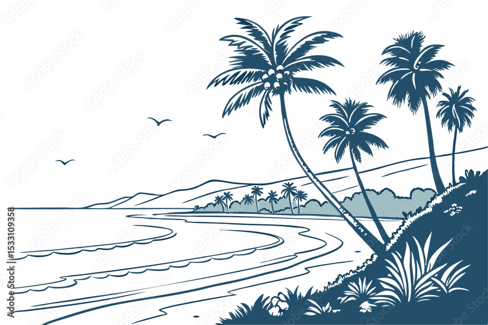Fototapeta premium Ocean Shoreline with Palms Vector Art