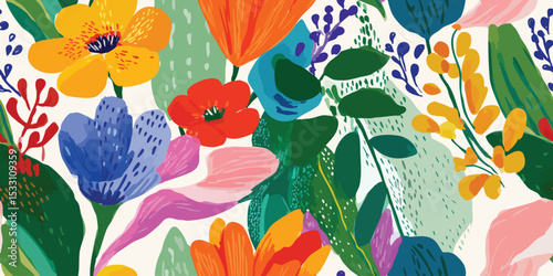 Vibrant and Artistic Wildflower Meadow Seamless Pattern. Colorful Botanical Garden Design for textile, packaging, fabric, wallpaper, branding, stationery, wrapping paper interior decor.