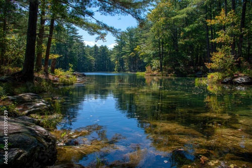 Tranquil lake view with trees reflecting on the waters surface showing the forests edge