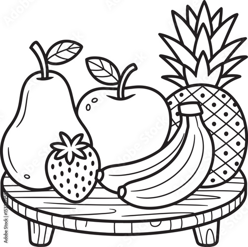 Cute Line Art Drawing of Fruits Apple, Pear, Banana, Strawberry, and Pineapple