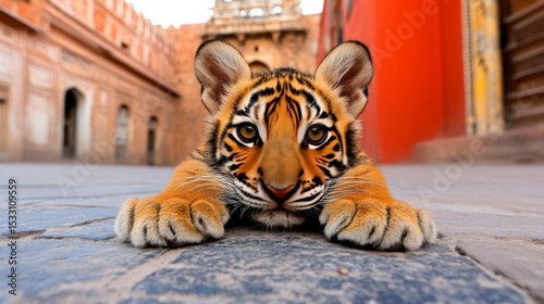 Close-up of a young tiger cub lying on a paved street in an urban setting