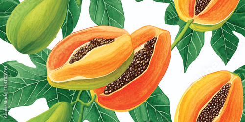 Vibrant Papaya Fruit and Tropical Leaves Seamless Pattern. Exotic Botanical Design for textile, packaging, fabric, wallpaper, branding, stationery, wrapping paper interior decor.
