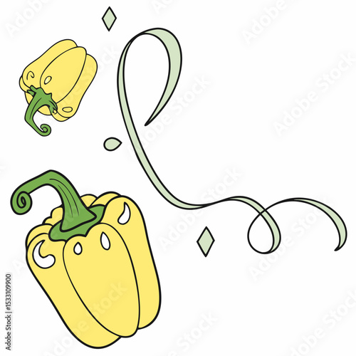 Illustration of yellow bell peppers with decorative swirls in a playful design
