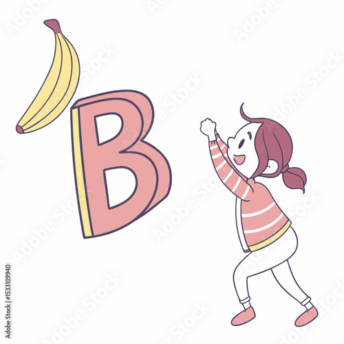 Cartoon girl reaching for a banana and the letter B in a playful design