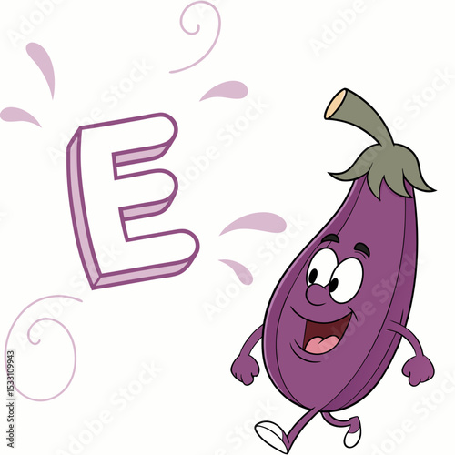 Cartoon cheerful eggplant character walking next to the letter E in a playful style