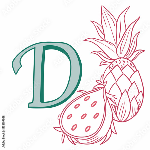Illustration of letter D with pineapples and strawberries in a minimalist design
