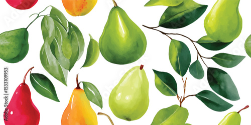 Fresh Pear Fruit and Leaves Seamless Pattern. Juicy Botanical Harvest Design for textile, packaging, fabric, wallpaper, branding, stationery, wrapping paper interior decor.