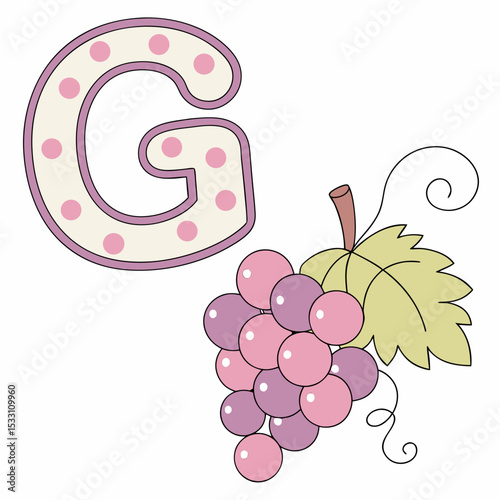 Illustration of letter G with a bunch of grapes in a playful design