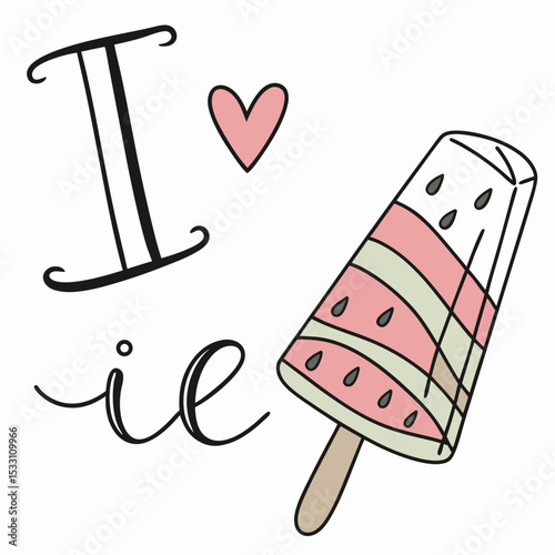 Illustration of a colorful ice cream and the phrase "I love ice" in a playful design