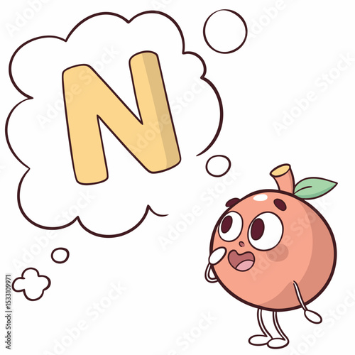 Cartoon thoughtful peach character thinking about the letter N in a whimsical design
