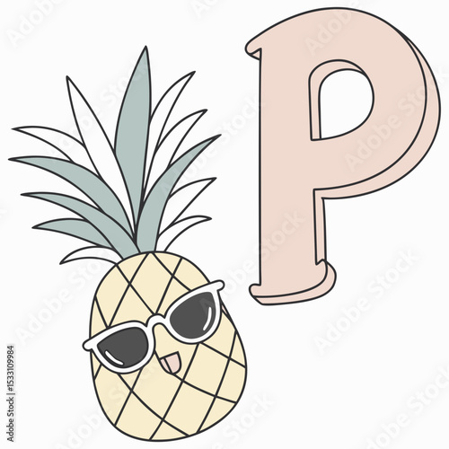 Cartoon cheerful pineapple character wearing sunglasses next to the letter P in a fun design