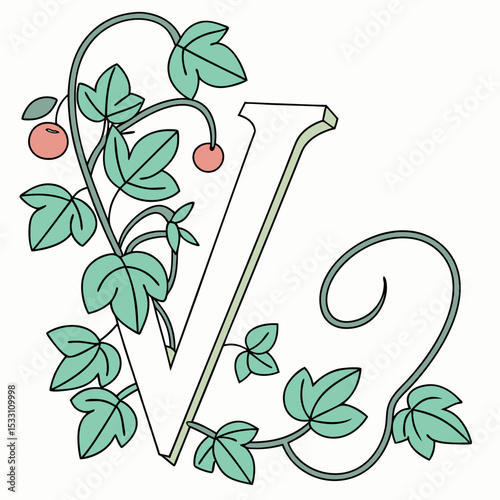 Illustration of letter V entwined with leaves and red berries in a decorative design