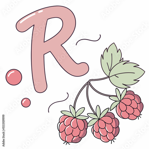 Illustration of letter R with raspberries and leaves in a playful design