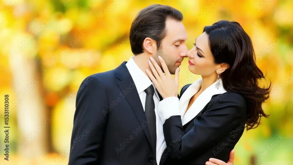 A caucasian man and woman share a tender kiss amid golden fall foliage. Concept of seasonal love.
A caucasian man and woman share a tender kiss amid golden fall foliage. Concept of seasonal love.
