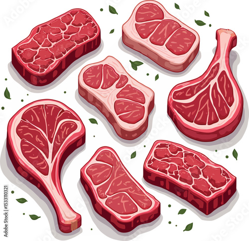 Fresh raw meat cuts vector illustration for butcher shop or steakhouse menu design and food blog posts