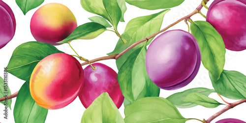 Vibrant Plum Fruit and Green Leaves Seamless Pattern. Juicy Summer Harvest Botanical Design for textile, packaging, fabric, wallpaper, branding, stationery, wrapping paper interior decor.