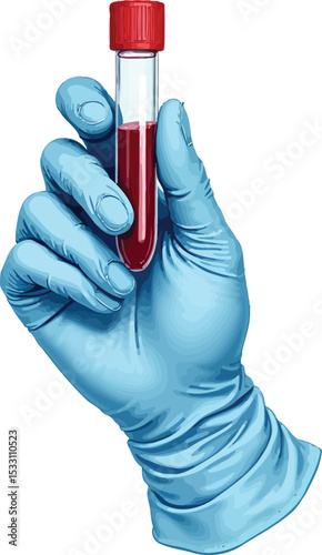 Blood test sample analysis with gloved hand holding tube for medical laboratory research purpose