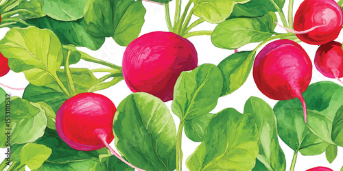 Vibrant Radish and Green Leaves Seamless Pattern. Fresh Garden Vegetable Botanical Design for textile, packaging, fabric, wallpaper, branding, stationery, wrapping paper interior decor.