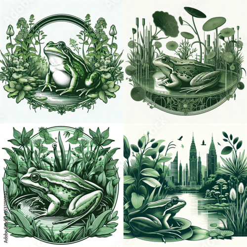 Illustrative frog designs in lush green environments with plants  
