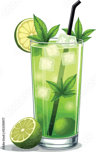 Refreshing mojito cocktail drink with lime and mint illustration on white background for summer vacation