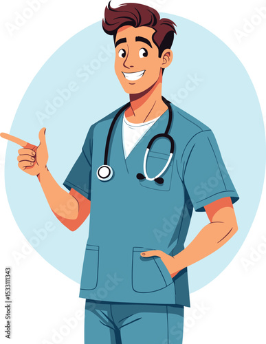 Cartoon male doctor in scrubs pointing finger with stethoscope for medical healthcare concept art