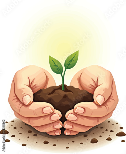 Hands holding plant seedling in soil for growth and care concept illustration image nature gardening