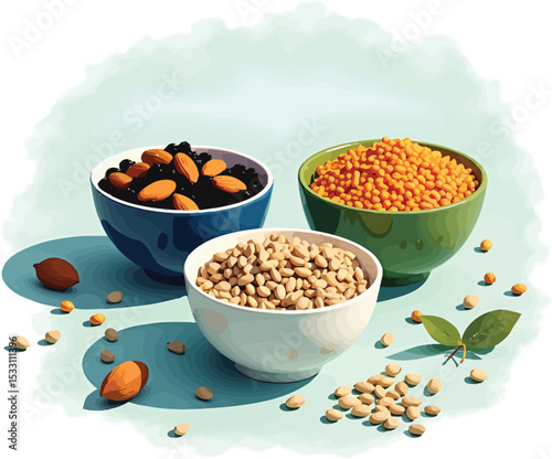 Healthy food bowls of nuts lentils and berries for balanced diet and nutrition concept image design