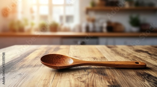 The kitchen counter features a wooden spoon at rest, underscoring the importance of cooking and gastronomy