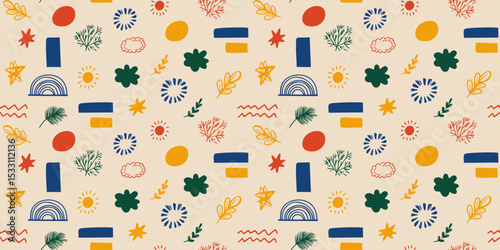 Playful abstract seamless pattern with hand drawn shapes, perfect for kids products, textiles, wallpapers, stationery, and wrapping paper. Vector art